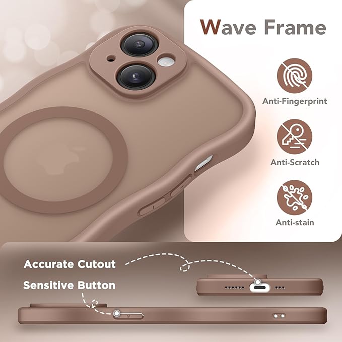 CAPRARO Cute for iPhone 15 Plus Case, Compatible with MagSafe, [Curly Wave Edge] [Full Camera Protection] [14 FT Drop Protection] Magnetic Phone Case for 15 Plus 6.7 Inch, Brown