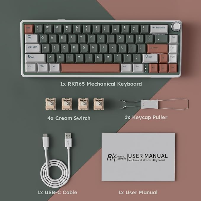 RK ROYAL KLUDGE R65 Wireless Mechanical Keyboard with Volume Knob, Tri-Mode 2.4G/USB-C/BT Gasket Mounted 60% Gaming Keyboard with 66Keys, PBT Keycaps, QMK/VIA, Hot Swappable Cream Switch, Clay Green