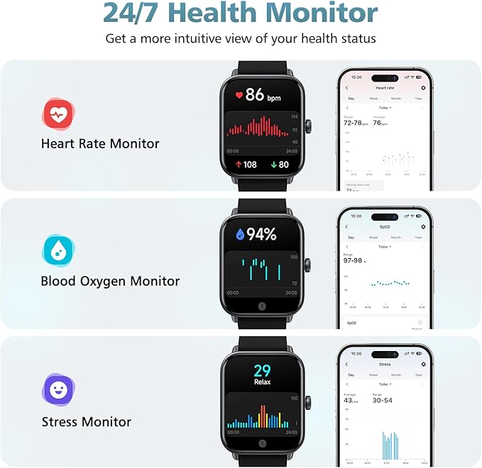 Smart Watch for Women Men, 1.85" Alexa Fitness Tracker with Call & SMS, Heart Rate, SpO2, Stress & Sleep Monitor, IP68 Waterproof Smartwatch for Android iPhone Samsung etc., 100+ Sports Modes, 2 Bands