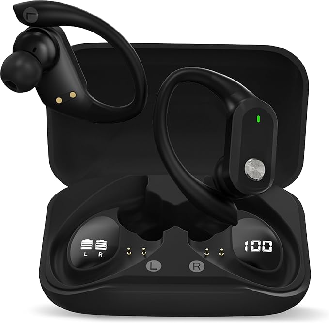 RCA Wireless Earbuds Bluetooth 5.3 Headphones Sport Sweat Resistant Sports Earphones with Earhooks,48H Playtime,Lightweight 7.8g,Fast Charging Case,Noise Cancelling Mic for Running Gym Workout-Black