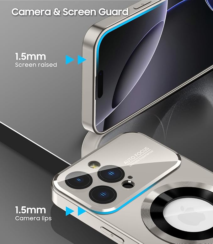 MAKAVO Magnetic for iPhone 16 Pro Max Case, Compatible with MagSafe, Built-in Camera Lens Protector, Logo View, Military Grade Drop Protection Phone Cover, Titanium Gray