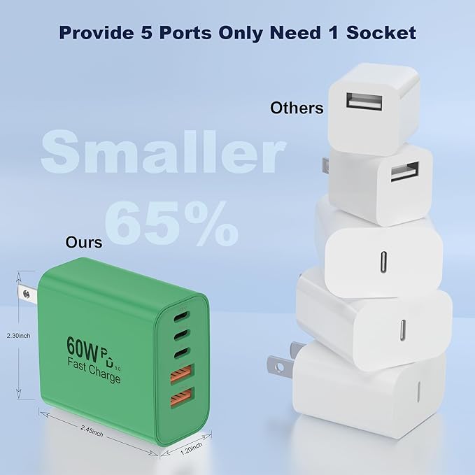 USB C Charger Block, 60W 5 in 1 Charging Blocks, PD 3.0 Fast Charger, QC 2A Green Wall Plug Multiport Type C Charging Block for iPhone 17 16 15 14 13 12 Pro Max, iPad, iPod, Samsung, AirPods Pro