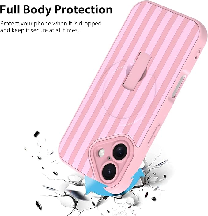 KANGHAR Compatible with iPhone 16 Case, Support for MagSafe, Silicone Stripes Cute Pattern, Wristband Kickstand Camera Protection Soft Slim Cover for Girls Women -Pink