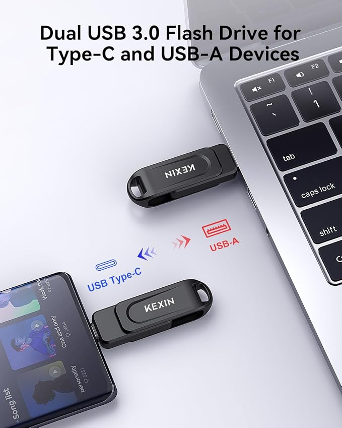 KEXIN 128GB Flash Drive 3 Pack 100MB/s Swivel Dual USB Drive 3.0 USB-A & Type-C Thumb Drive Memory Stick for Smartphone Tablet iPhone 15/16 Car Game Console, Black 128GB 3 Pack