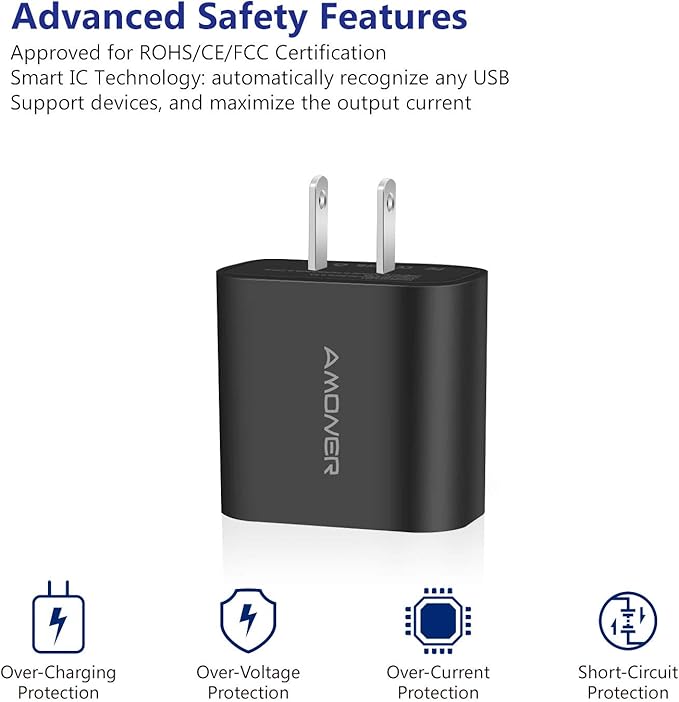 Amoner Wall Charger, Upgraded 2Pack 15W 3-Port USB Plug Cube Portable Wall Charger Plug for iPhone 13/12/mini/Pro/Max/11/Pro/Xs/XR/X/8/7/Plus, Galaxy10/9, Note10/9, and More