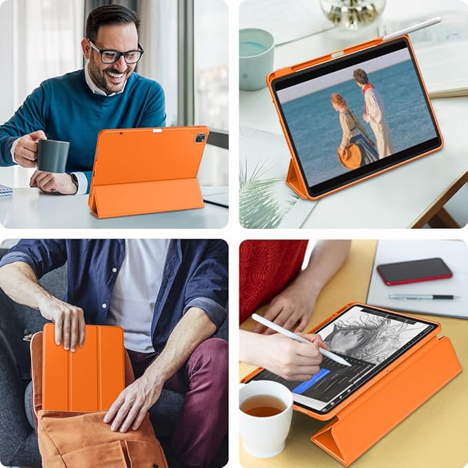 DTTO for iPad Air 13 Inch Case M4/M3/M2 2026/2025/2024, iPad Pro 12.9 Inch Case (6th/5th/4th/3rd Gen), Smart Slim Trifold Stand Soft Cover with Pencil Holder, Orange