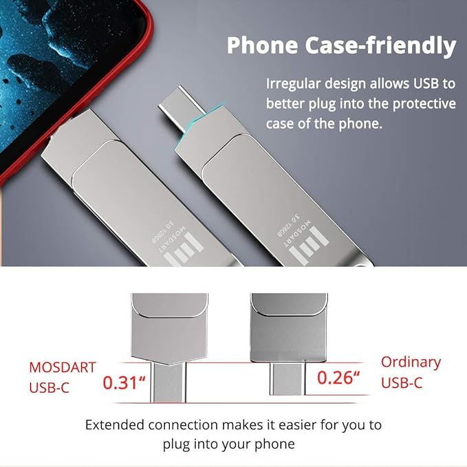 MOSDART 128GB USB C 3.2 Fast Speed C and A Dual Flash Drive, exFAT Memory Stick with Keychain Loop, for iPhone 15,16,17, Android Phone, iPad, MacBook, Silver(Pack of 2)