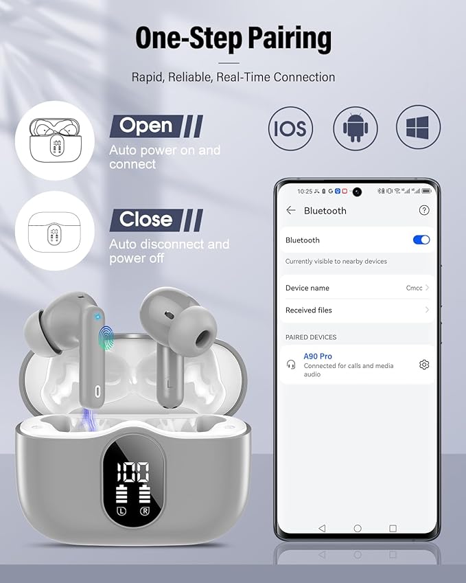 Btootos Wireless Earbuds, Bluetooth 5.4 Headphones Bass Stereo, Ear Buds with Noise Cancelling Mic, IP7 Waterproof in Ear Earphones, 36H LED Display Bluetooth Earbuds for Laptop Pad Phones, Fog Gray