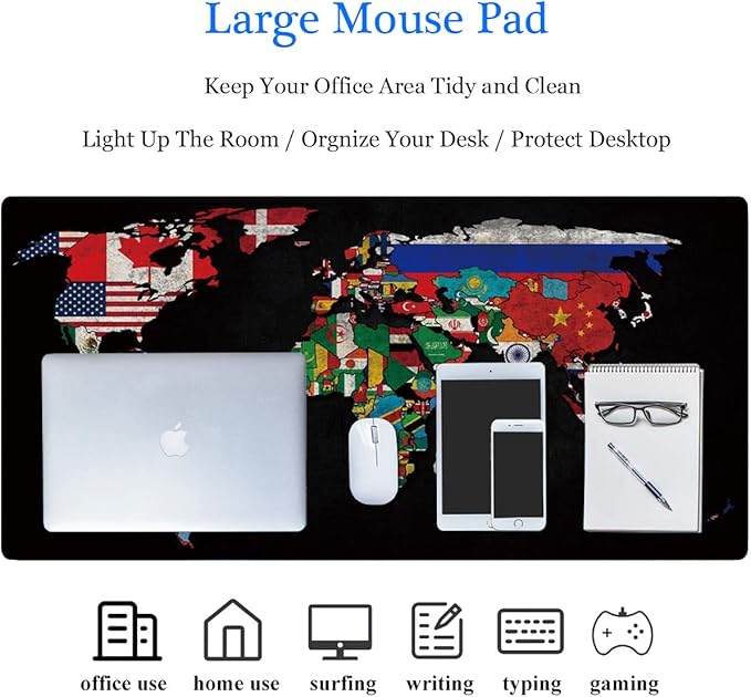 31.5x11.8 Inch Non-Slip Long Extended Large Gaming Mouse Pad with Stitched Edges XL Laptops Keyboard Mouse Mat(Black World Flag Map)