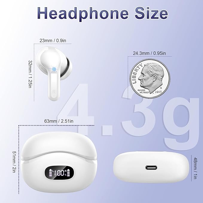 Wireless Earbuds, Bluetooth Headphones 5.4 HiFi Stereo Ear buds with ENC Noise Cancelling Mic, 40H Bluetooth Earbuds with Dual LED Display Charging Case, IP7 Waterproof Earphones for Android iOS