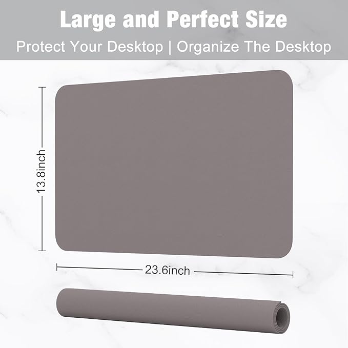 Hsurbtra Desk Pad, 23.6" x 13.8" PU Leather Desk Mat, M Extended Mouse Pad, Waterproof Desktop Blotter Protector, Non-Slip Ultra Thin Small Laptop Keyboard Writing Mat for Office Home, Light Gray