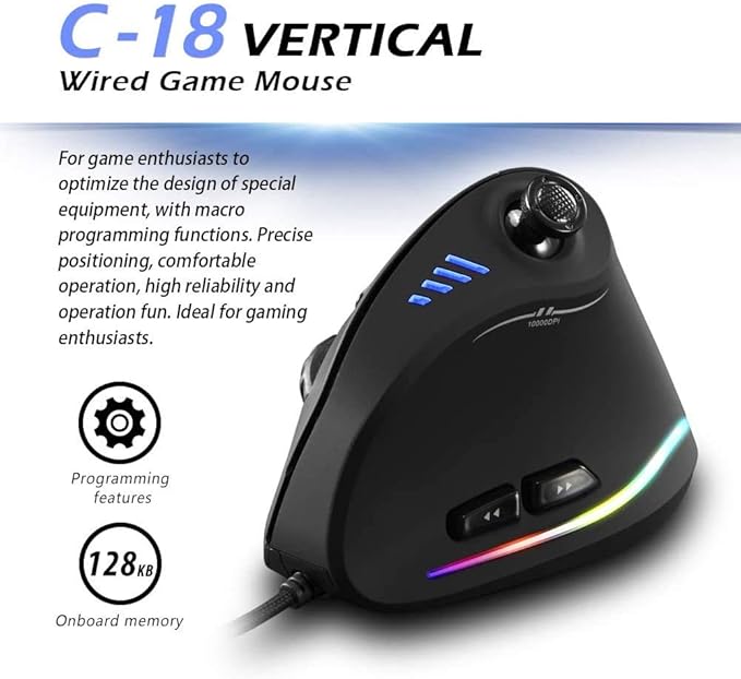 zelotes Wired Gaming Mouse with Joystick,10000DPI,11 Programmable Buttons,RGB,USB Optical Corded Vertical Ergonomic Mouse,Mice for Laptop,PC,Mac,Black