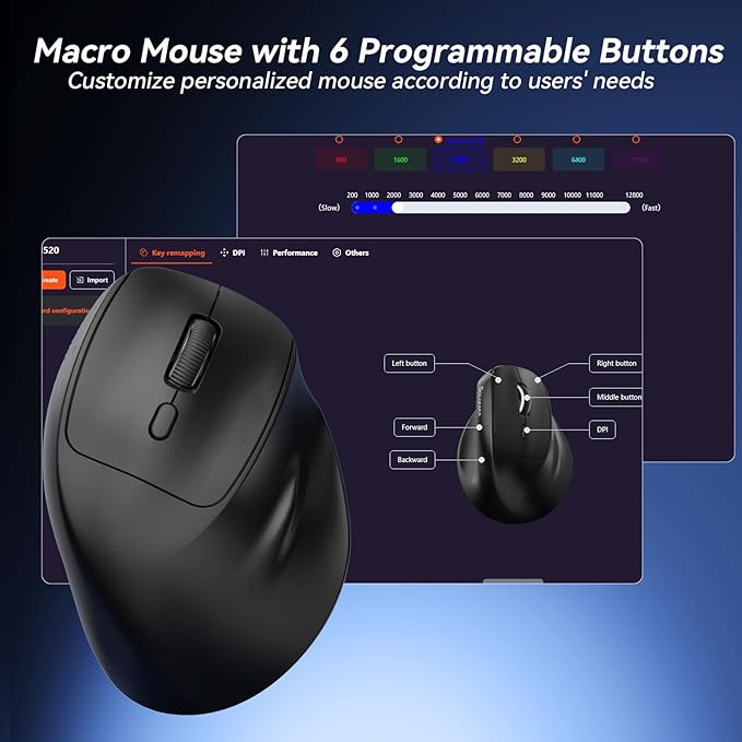 SOLAKAKA SM520 Ergonomic Mouse with 24000 DPI, Vertical Mouse with Programmable Side Button, Wireless Mouse with Tri-Mode Connection - BT5.0/USB-C/2.4GHz, for Desktop, PC, Laptop (Black)