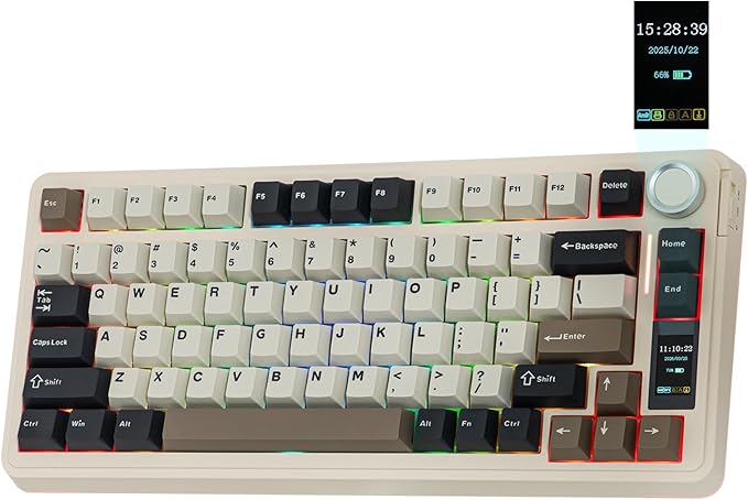 EPOMAKER X Aula EA75 MAX Wireless Gaming Keyboard with Screen & Knob, 5000mAh, Hot-Swap, Lubed Switches, RGB Backlit, Creamy Gasket, 75% Mechanical Keyboard (Retro White, Reaper Switch)