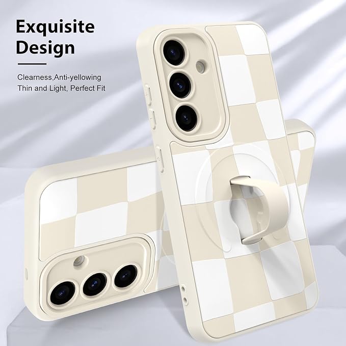 KANGHAR Compatible with Samsung Galaxy S25 Case, Support for MagSafe, Silicone Checkered Cute Pattern, Wristband Kickstand Camera Protection Soft Slim Cover for Girls Women -White