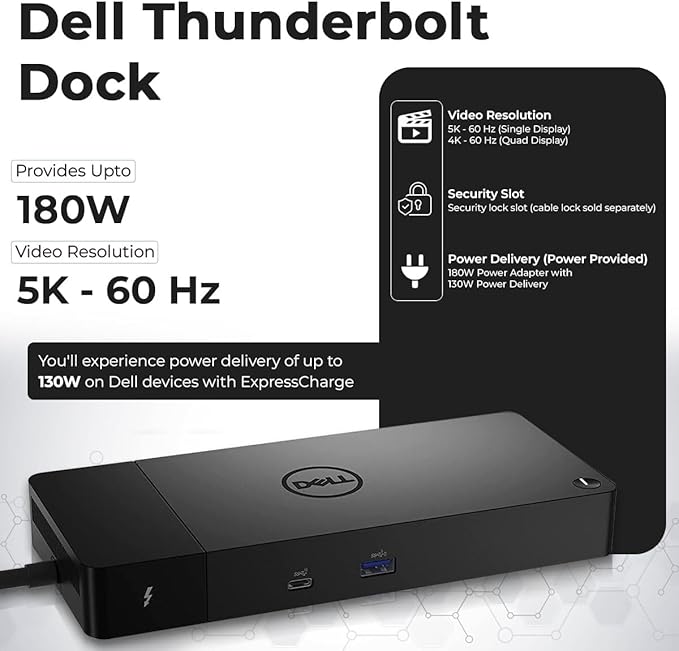 Dell WD22TB4 Thunderbolt 4 Dock Bundle - 40Gbps USB-C/USB-A, 1 Year Warranty with 180W Adapter, Anyhdd HDMI, DP, USB-C Cable & Cloth - Docking Station, Supports Dual/Triple Monitors & 4k Display