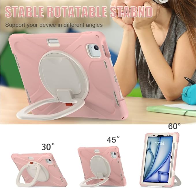 SCSVPN Kids Case for iPad Air 11 Inch M4/M3/M2 (2026/2025/2024), iPad Air 10.9'' 5th/4th Gen 2022/2020, iPad Pro 11 4th/3rd/2nd/1st Gen, Protective Cover with Pen Holder, Stand, Shoulder Strap, Pink