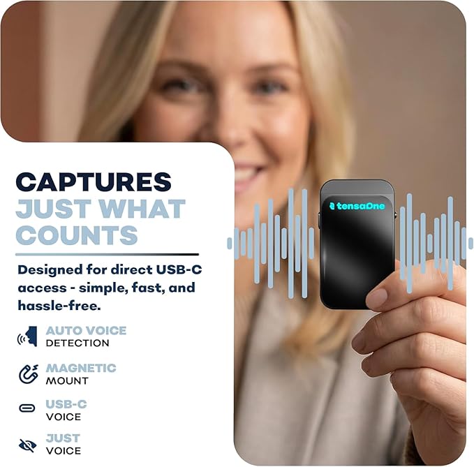 Voice Activated Recorder Essential Quick 32 – Ultra-Light Magnetic Audio Recorder for Quick Voice Capture, Standard Noise Reduction, USB-C Access, Minimalist Pocket Recorder, Black