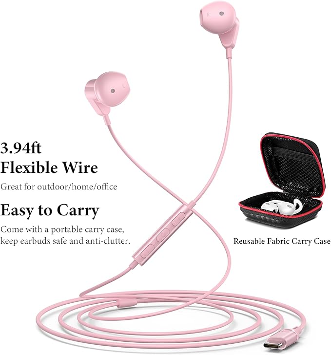 APETOO USB C Headphones for iPhone 15 Plus 16 17 Pro Max iPad Pro USB-C Wired Earbuds with Microphone Volume Control HiFi Stereo Type C Earphones for Galaxy S26 S25/S24/S23/S22, Pixel 10 9 8 7 6, Pink