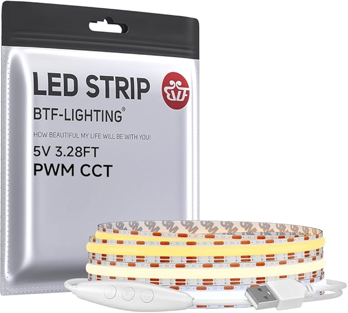 BTF-LIGHTING FCOB COB FOB LED Strip Lights 5V USB CCT 3.28FT 640LEDs Tunable 2700K/4000K/6500K 10mm Width Dimmable 90+ High CRI Flexible High Density for TV Backlight PC Bedroom Kitchen Home DIY Decor