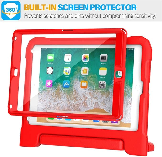 SUPLIK Kids Case for iPad 5th/6th Generation (9.7 inch, 2017/2018), iPad Air 1 & Air 2 & Pro 9.7 Case with Screen Protector, Durable Shockproof Protective Cover with Handle Stand, Red
