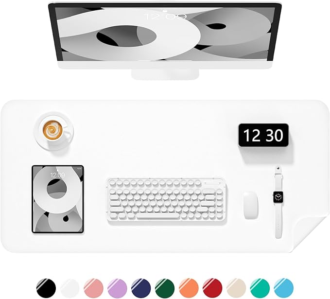 Desk Pad, 23.6" x 13.8" PU Leather Non-Slip Desk Mat Large Mouse Pad for Desktop, Waterproof Laptop Computer Writing Mat for Office, Home, Work, Gaming, White