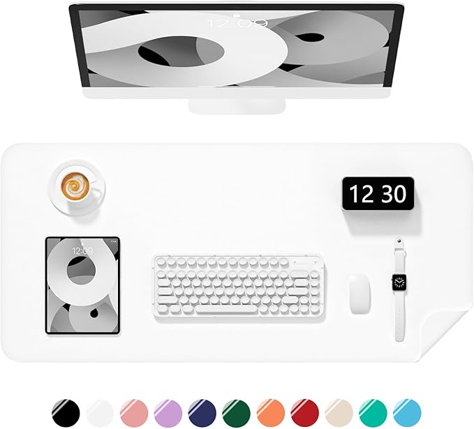 Desk Pad, 30" x 14" PU Leather Non-Slip Desk Mat Large Mouse Pad for Desktop, Waterproof Laptop Computer Writing Mat for Office, Home, Work, Gaming, White