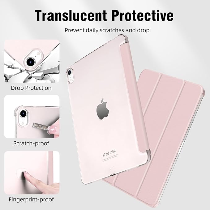 Case for iPad mini 7 (A17 Pro), Slim Smart Trifold Stand for iPad mini 7th/6th Generation 8.3 Inch 2024/2021, Hard PC Translucent Frosted Back Shell Case with Auto Wake/Sleep, Pink