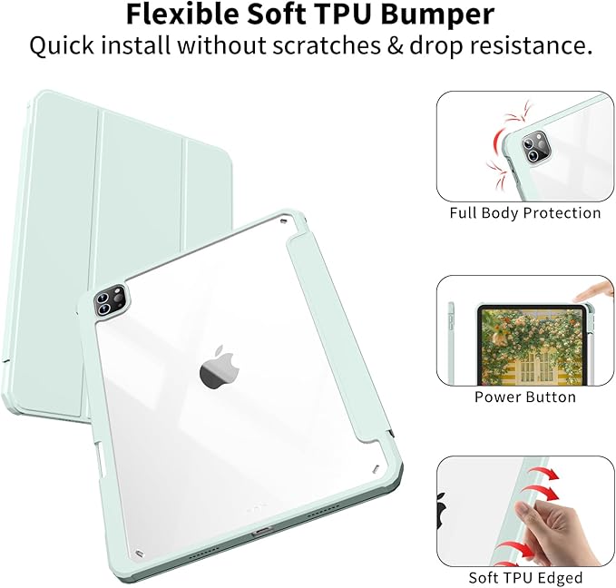 Case for iPad Pro 12.9 Inch (6th/5th/4th/3rd Generation 2022/2021/2020/2018) with Pencil Holder, Clear Transparent Back Shell Slim Stand Shockproof Tablet Cover, Auto Wake/Sleep, Light Green