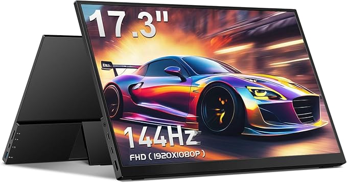 CAPERAVE Portable Monitor 17.3" 144Hz, FHD 100% sRGB HDR Portable Gaming Monitor, Travel Monitor with Kickstand & Speakers, USB-C HDMI External Screen for Laptop Mac Xbox Switch PS5/4