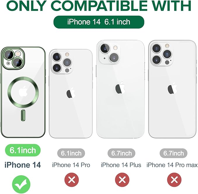 Hython Magnetic Clear for iPhone 14 Case with Camera Lens Protector [Compatible with MagSafe] Luxury Plating Edge Slim Soft TPU Cover Protective Phone Case for iPhone 14 6.1", Deep Green