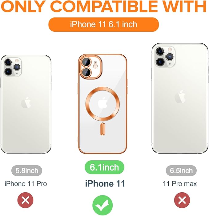 Hython Magnetic Clear for iPhone 11 Case with Camera Lens Protector [Compatible with MagSafe] Luxury Plating Edge Slim Soft TPU Cover Protective Phone Case for iPhone 11 6.1", Orange