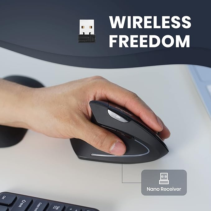 Perixx PERIMICE-713L, Wireless Ergonomic Left Handed Vertical Mouse, 6 Buttons Design, 3 Level DPI, Black, Medium