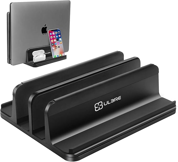 Vertical Laptop Stand for Desk 4 Slots Heavy Duty, Double Adjustable Stands Tablet Holder Metal Compatible w‘ All MacBook Surface Dell Samsung HP Chromebook Upto 17.5'- Black
