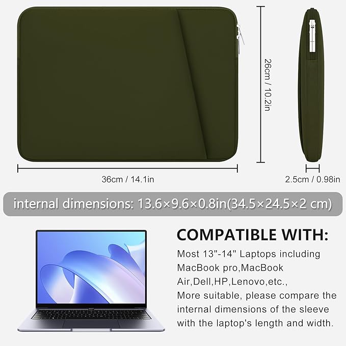 Laptop Sleeve Case with Zipper Accessory Pocket Compatible with 13 to 14 inches MacBook Air/Pro Padded Computer Pouch Cover Shockproof Protective for 13” to 14” Laptop/Chromebook/Tablet,Green