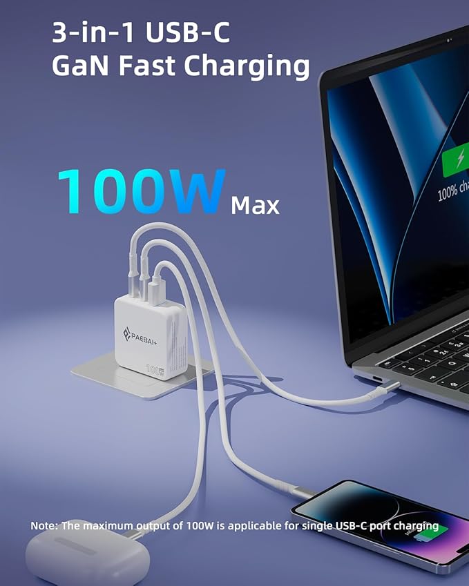 100W USB C Charger Block, 3 Port GaN Foldable Compact Wall Fast Charger for MacBook Pro MacBook Air, Dell XPS, iPhone 16 15 Series, Samsung Galaxy, iPad Pro and All USB-C Devices