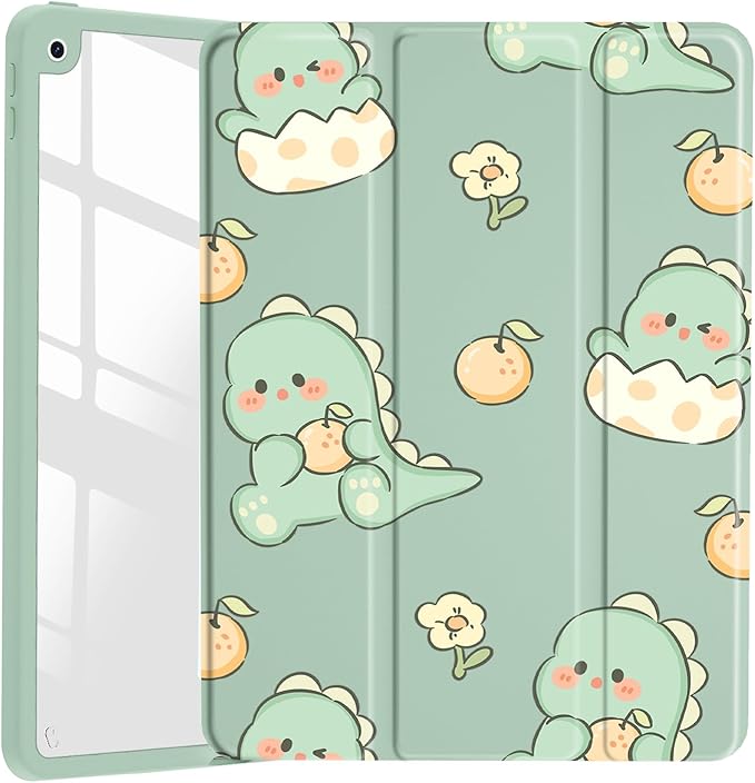 JOYLAND Cute Baby Dinosaur Pattern Case for iPad Pro 11-inch (M4) 2024 5th Generation,Clear Acrylic Hard Back Case with Pencil Holder Trifold Stand Tablet Cover (Model Number:A2836/A2837/A3006)