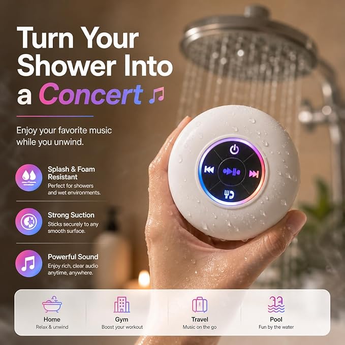Bluetooth Shower Speaker with LED – Portable Wireless Mini Speaker with Mic & Suction Cup, IPX4 Water Resistant for Shower, Travel, Pool, River Floating, and Outdoor Fun (White)