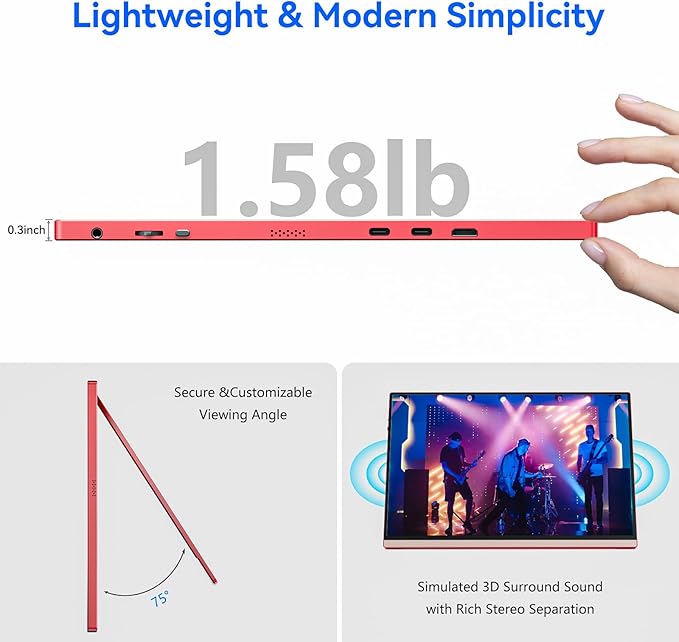 Veout 16Inch Pink Portable Monitor for Laptop, 1920x1200P IPS 16:10 Computer External Screen, 100% sRGB Stand Support Freesync, for Girl Phone, PC Home Use