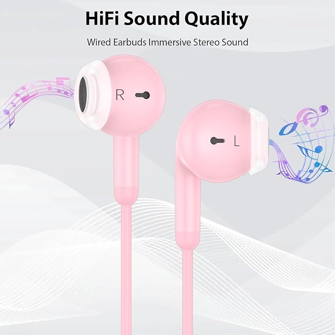 USB C Earbuds Wired USB Type-C Headphones for Apple iPhone 17 16 15 Pro/iPad 10th Generation for Galaxy S26 Pixel 10 Earphones with Microphone Volume Control Noise Isolating HiFi Stereo Headset Pink