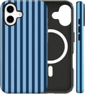 Magnetic for iPhone 16 Case Cute Stripes Phone Case, Shockproof Slim TPU and Hard PC Protective Phone Cover Compatible with MagSafe Designed for Women Girls, Lake Blue
