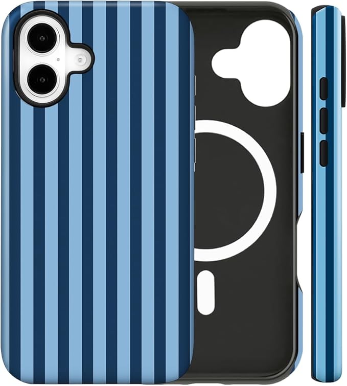 Magnetic for iPhone 16 Case Cute Stripes Phone Case, Shockproof Slim TPU and Hard PC Protective Phone Cover Compatible with MagSafe Designed for Women Girls, Lake Blue