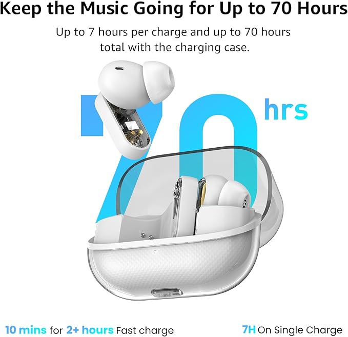 TOZO Crystal Pods Hybrid Active Noise Cancelling Wireless Earbuds, 10mm Drivers Deep Bass, 4 Mics Smart ENC AI Calls, Real-Time AI Translation, 32 EQ via App, Bluetooth 5.4, Crystal Design