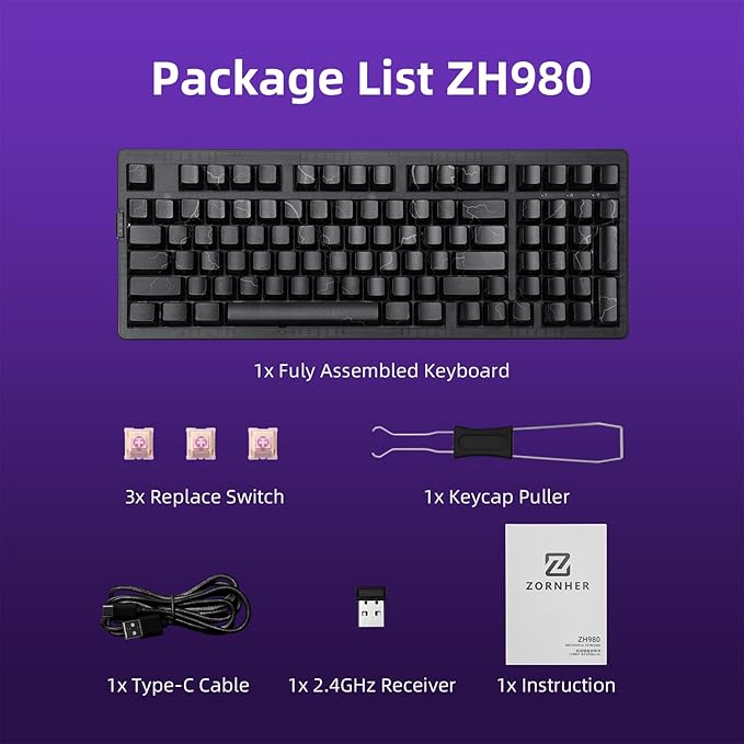 ZORNHER ZH980 Mechanical Keyboard Wireless,95% Creamy Keyboard with Number Pad,Lightning PC Keycaps,Gaming Keyboard with Number Pad,Creamy Sounding Linear Switches,Full Size,2.4GHz/USB-C/BT5.0