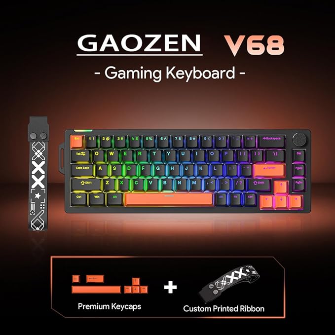 68% Mechanical Gaming Keyboard with RGB Backlit, Wired Keyboard Volume Knob Gasket Mount with PBT Keycaps,8000 Hz Polling Rate, Hall Effect Cream Switches, Hot-Swap, for FPS Games (Black+Orange)