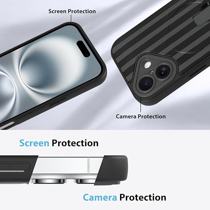 KANGHAR Compatible with iPhone 16 Case, Support for MagSafe, Silicone Stripes Cute Pattern, Wristband Kickstand Camera Protection Soft Slim Cover for Girls Women -Black