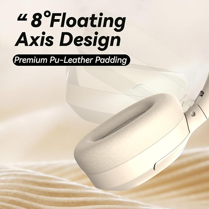 Hybrid Active Noise Cancelling Headphones, Wireless Over Ear Bluetooth Headphones with Mic, 40H Playtime, Hi-Res Audio, Deep Bass, Foldable Comfort Fit Ear Cups for Travel, Office, Home (White)