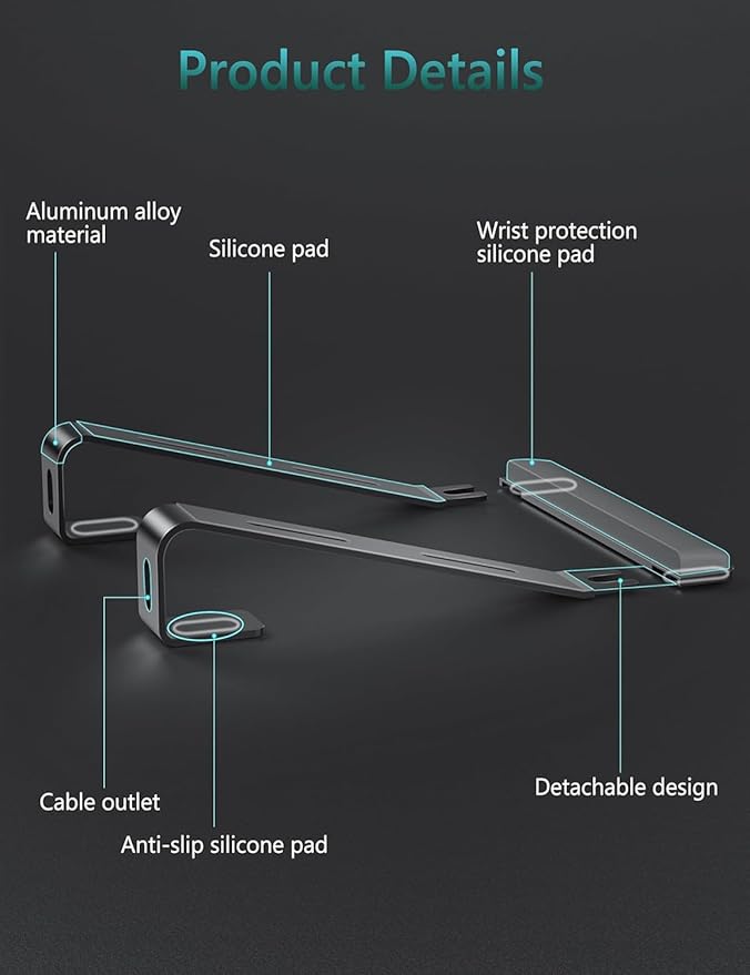 JCZT Aluminum Laptop Stand, Notebook Stand with Wrist Rest, Ergonomic Detachable Laptop Mount, Computer Stand Compatible with 10-17'' All Laptops Such as MacBook Air Pro/HP/Dell/Lenovo, Black