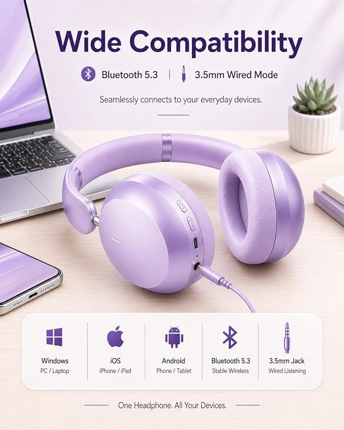 Wentronic Y05 Bluetooth Over-Ear Headphones with Active Noise Cancelling, Hi-Res Audio, 48H Playtime, Built-in Mic, Wired/Wireless, Works with iOS, Android & PC, Purple
