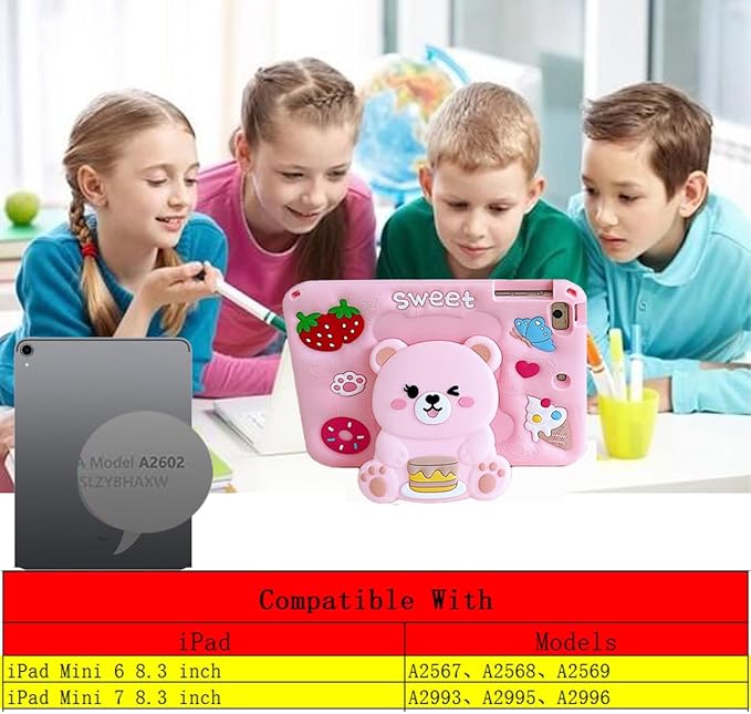 3D Cute Bear Case for iPad mini 7 (A17 Pro) 2024/Mini 6 2021 8.3 inch,Kawaii Cartoon Pretty Sweet Bear Soft Silicone Foldable Stand Case with Lanyard for Kids Teens Girls Women